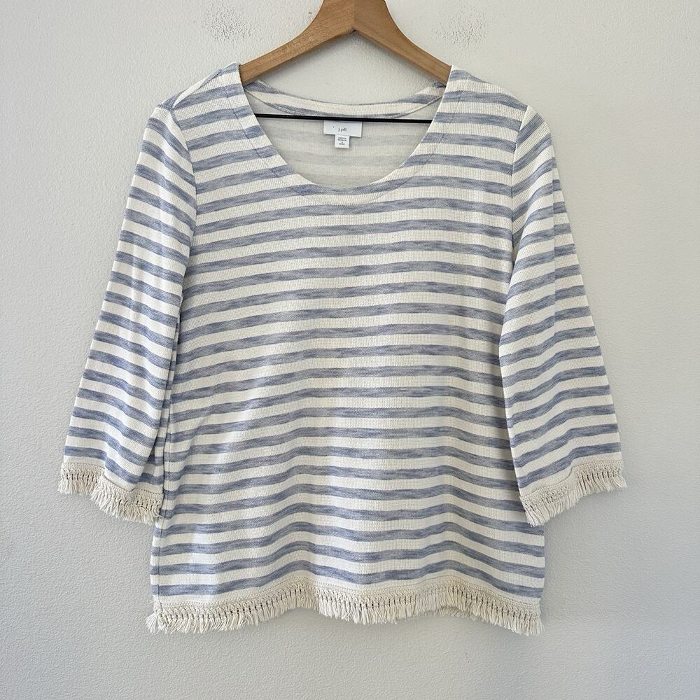 J. Jill Tunic Shirt S White Blue Lagenlook Fringe Hem Stripe Coastal 100% Cotton - Picture 3 of 11